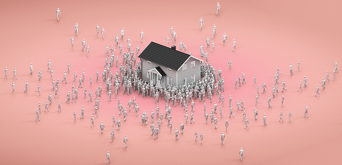 Illustration med massvis av människofigurer som trängs runt ett hus.