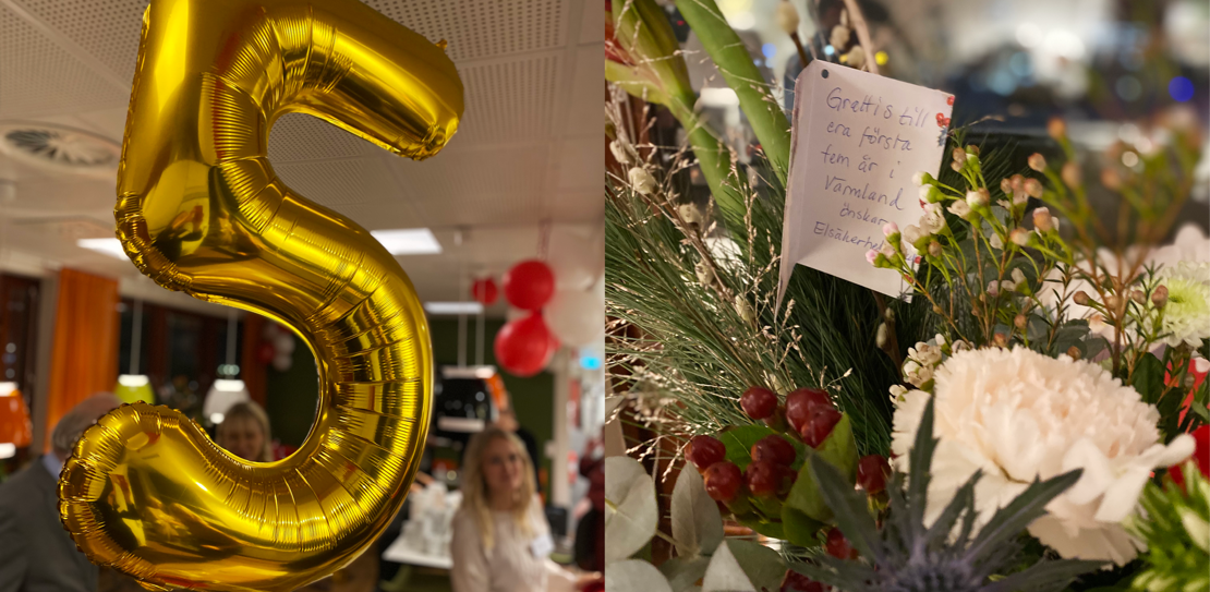 Ballong föreställande siffran 5 samt en blombukett.