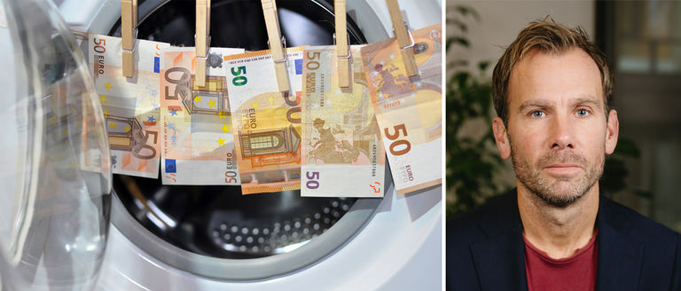 Bildmontage av sedalr som hänger på tork framför en tvättmaskin och en bild på David Johansson. 