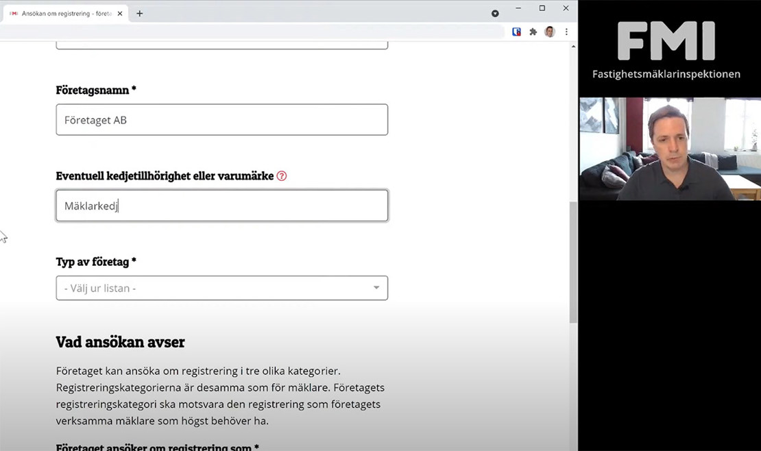 Skärmklipp från filmen om hur företag ansöker om registrering.